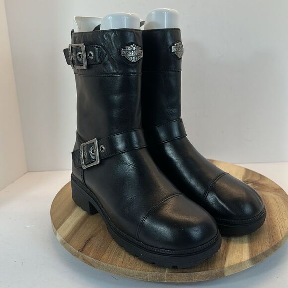 Harley-Davidson Shoes - HARLEY-DAVIDSON Vintage Y2K Black Leather Moto Boots Women's 7 HARLEY DAVIDSON